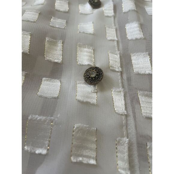 Vintage Notations Sheer Blouse 2X White Gold Geometric Button Down USA - Picture 4 of 6